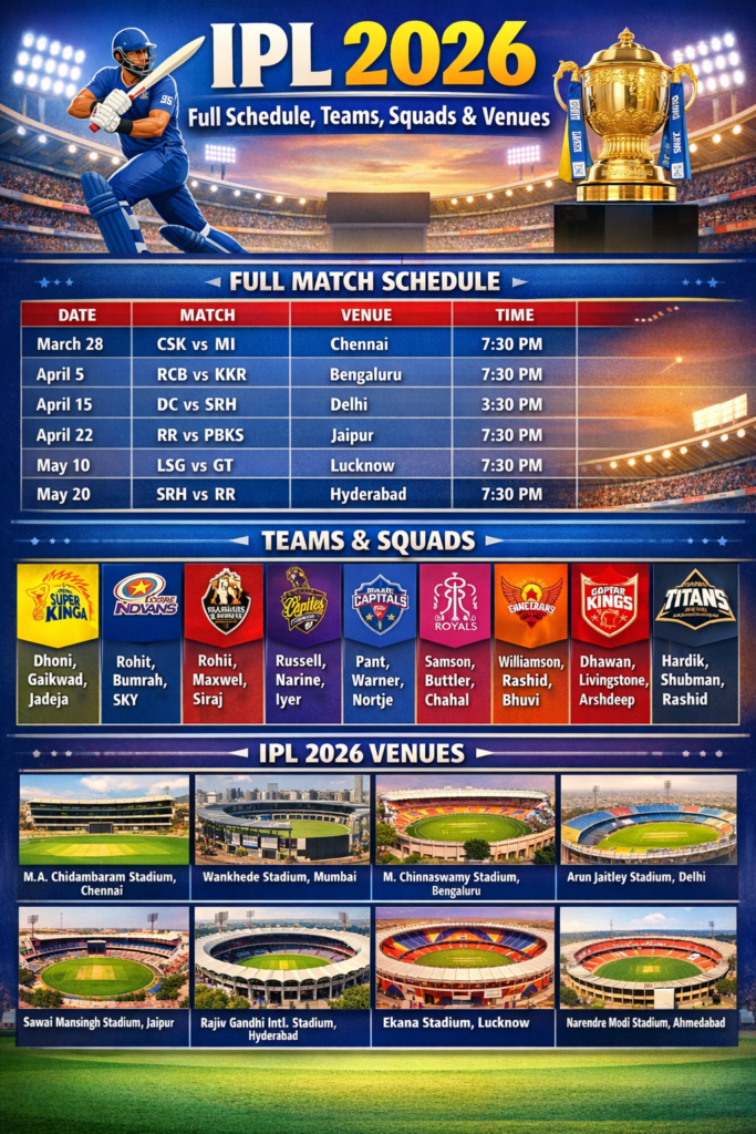 IPL 2026 Full Schedule, Teams, Squads & Venues