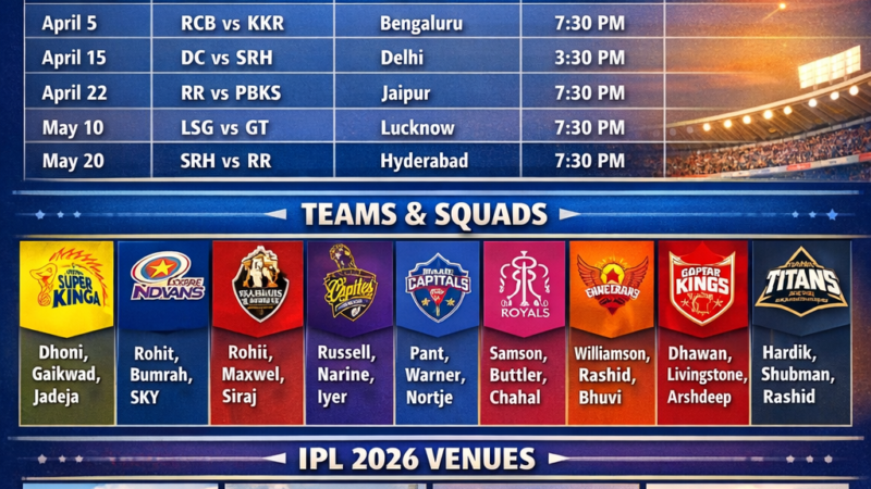 IPL 2026 Full Schedule, Teams, Squads & Venues