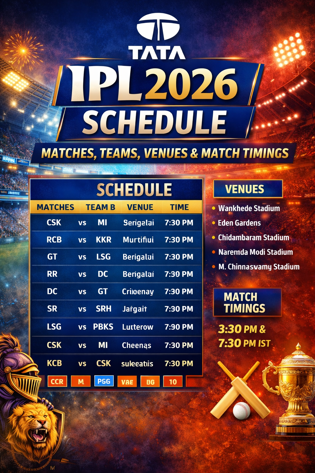 TATA IPL 2026 Schedule: All Matches, Teams, Venues & Match Timings