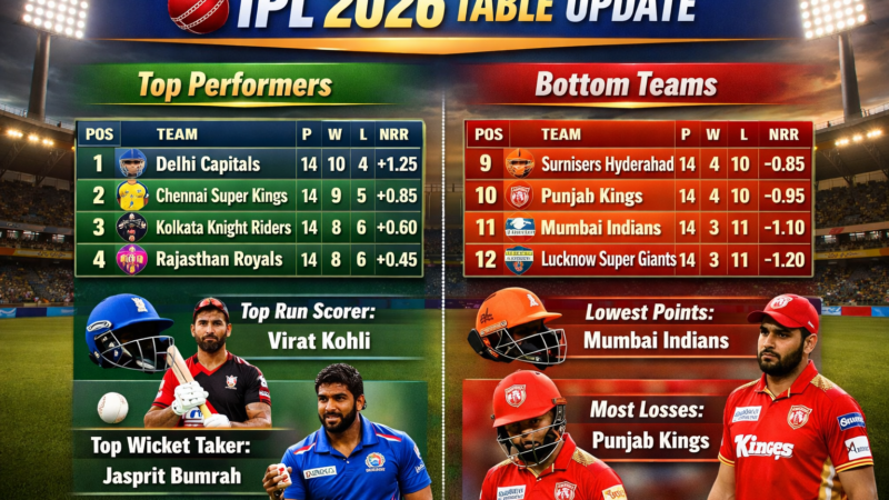 Latest IPL 2026 Table Update: Top Performers & Bottom Teams