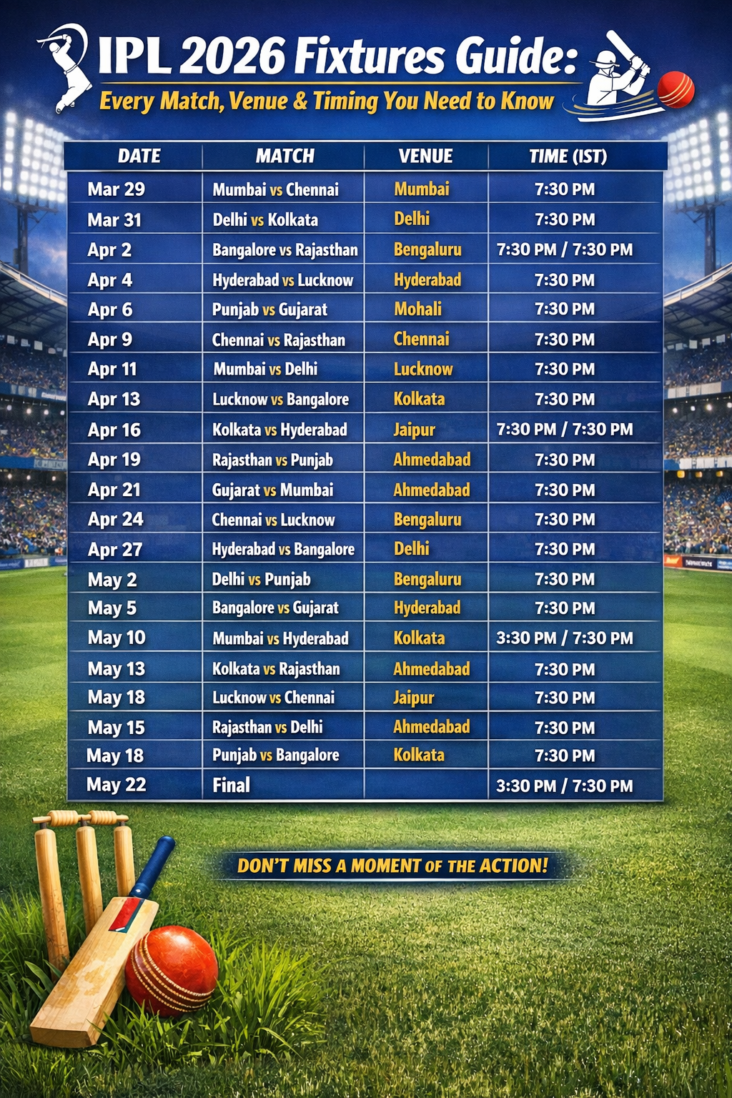 IPL 2026 Fixtures Guide: Every Match, Venue & Timing You Need to Know