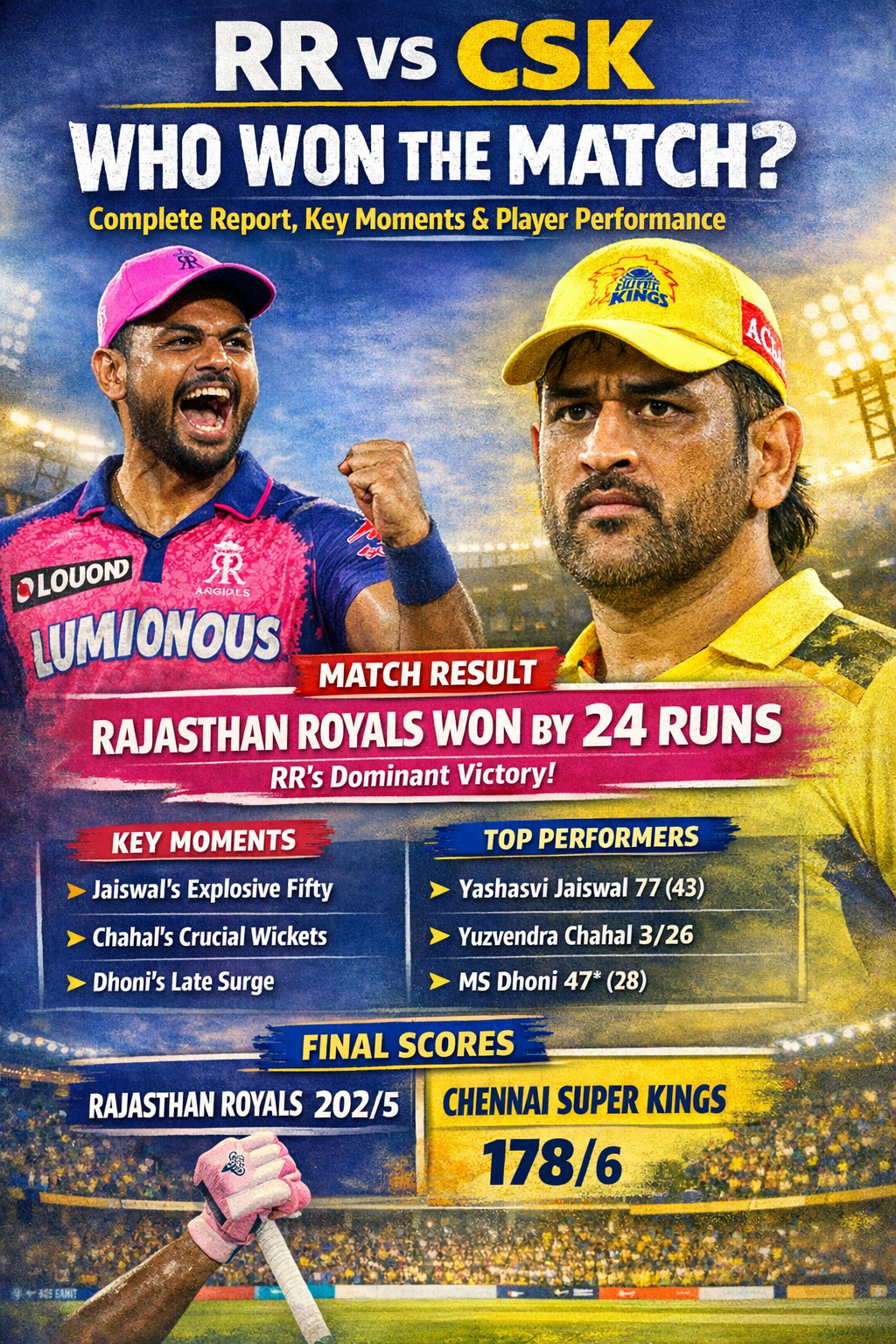 RR vs CSK: Who Won the Match? Complete Report, Key Moments & Player Performance