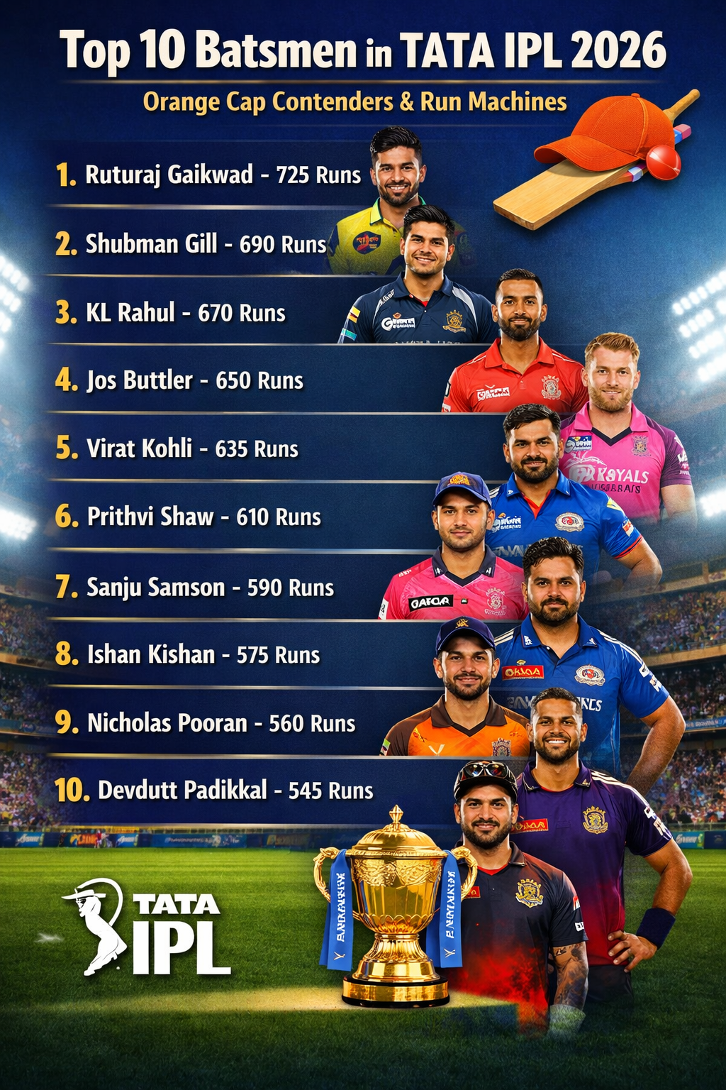 Top 10 Batsmen in Tata IPL 2026: Orange Cap Contenders & Run Machines