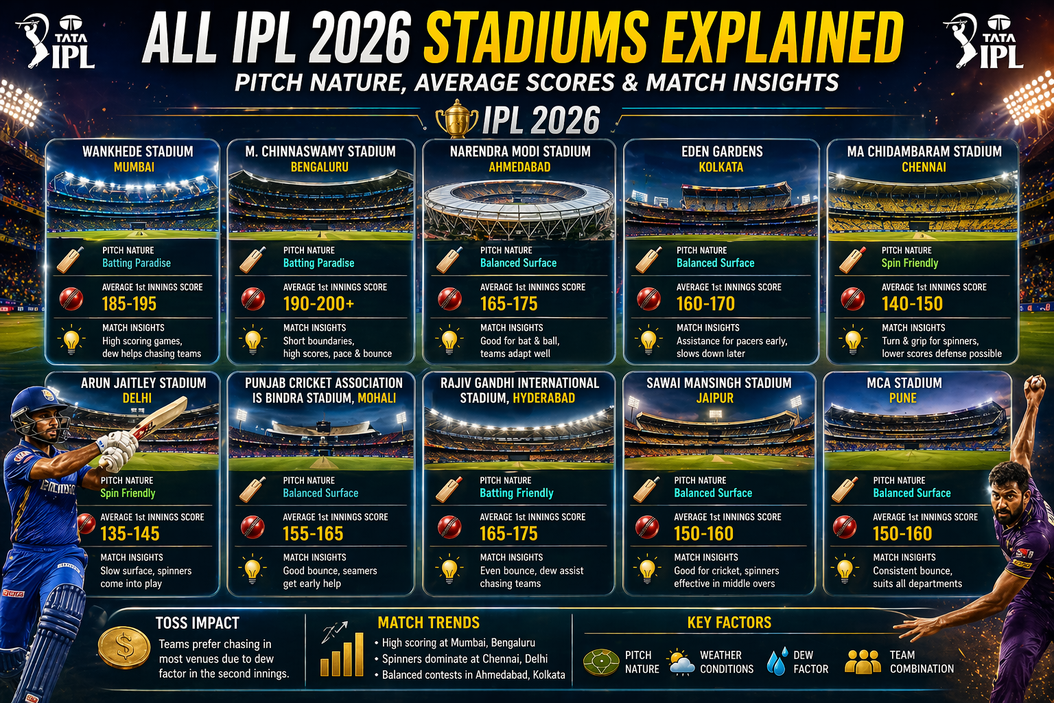 All IPL 2026 Stadiums Explained: Pitch Nature, Average Scores & Match Insights