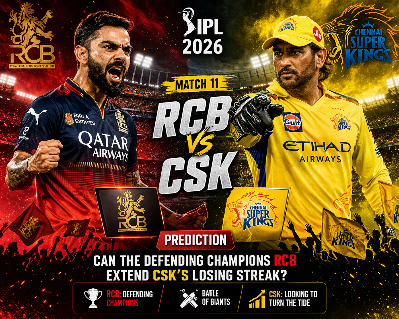 RCB vs CSK Match 11 Prediction: Can the Defending Champions RCB Extend CSK’s Losing Streak?