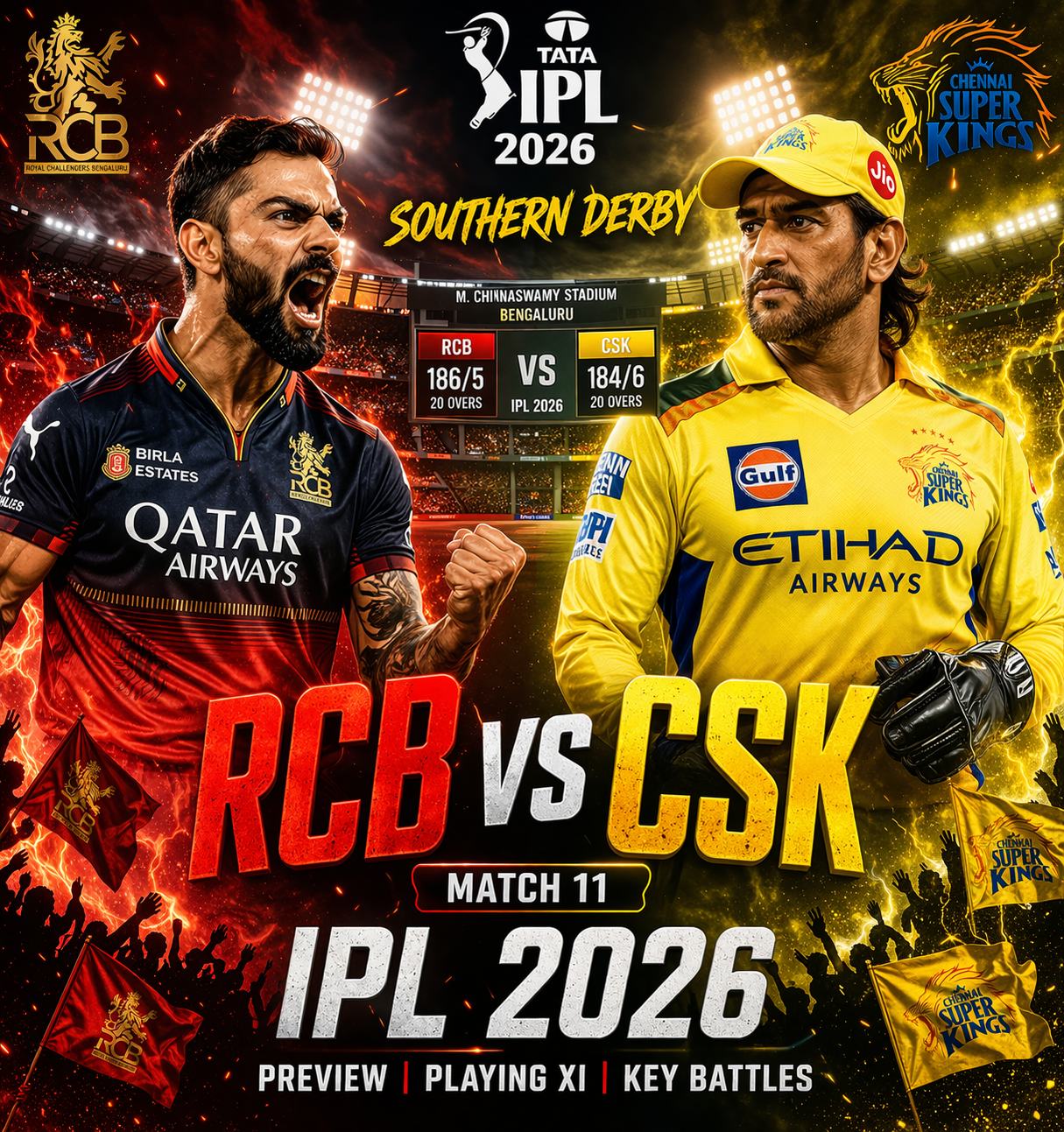IPL 2026: Southern Derby! RCB vs CSK Match 11 Preview, Playing 11, and Key Battles.