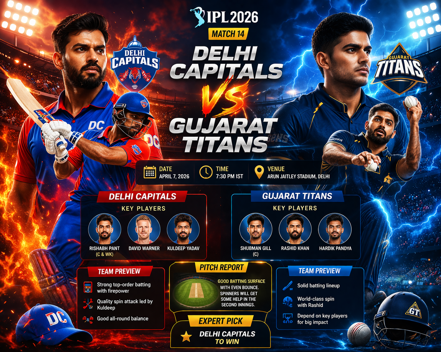 Delhi Capitals vs Gujarat Titans Match 14: Full IPL 2026 Preview & Expert Picks